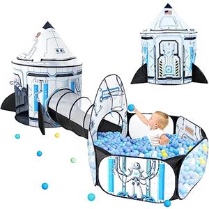 Wilwolfer Tenda Gioco Pop-up + Tunnel Gioco + Piscina di Palline per Bambini - 3-in-1 Casetta per Neonati Bambine Bambini - Grande Casetta Giardino Interni ed Esterni (Tenda Razzo)