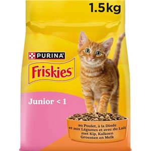 FRISKIES | Junior | Gatto | Crocchette complete per Gattini| Pollo, Latte e Verdure | Alimento Completo per Una Crescita Sana del Gattino | Borsa | 1,5 KG