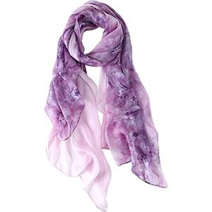 STORY OF SHANGHAI Sciarpa di 100% Seta da Donna Foulard Chiffon con Fantasie Orientale Semi-Trasparente, Fiori e Sfumatura Viola
