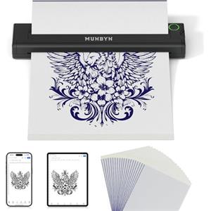 MUNBYN 2600 mAh Stampante Termica Tattoo Bluetooth ITP05, 20 Fogli Carta Transfer, Stampante Stencil Tattoo, Macchinetta Copia Stencil per iOS, Android e Mac, Nero