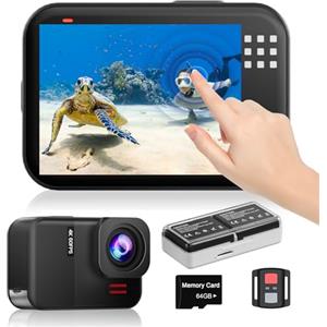 TIMNUT 4K60fps Fotocamera Subacquea- Metallo nudo Telecamera sott'acqua 10M con 64G SD Card, HD 48MP Touchscreen Action Cam 6-Axis Stabilizzazione, WIFI Videocamera 8X Zoom Con Casco Accessori