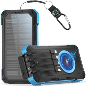 Kruilan 56800mAh Power Bank Solare Wireless, 30W Power Bank Ricarica Rapida, Caricatore Portatile con 4 Cavi Integrati, 6 Uscite, Torcia, Powerbank per Campeggio, Outdoor, Cellulare, Tablet (Blu)