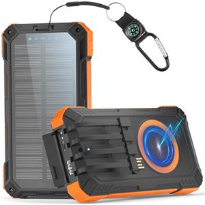 Kruilan 56800mAh Power Bank Solare Wireless, 30W Power Bank Ricarica Rapida, Caricatore Portatile con 4 Cavi Integrati, 6 Uscite, Torcia, Powerbank per Campeggio, Outdoor, Cellulare, Tablet (Arancione)