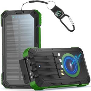 Kruilan 56800mAh Power Bank Solare Wireless, 30W Power Bank Ricarica Rapida, Caricatore Portatile con 4 Cavi Integrati, 6 Uscite, Torcia, Powerbank per Campeggio, Outdoor, Cellulare, Tablet (Verde)
