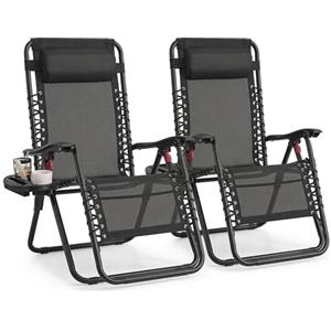SONGMICS Set da 2 Sedie a Sdraio Pieghevoli, Poltrone a Gravità Zero, Lettini Prendisole Portata 110 kg per Sedia, Poggiatesta Regolabile, Vassoio, per Terrazza e Giardino, Nero GLB032BZ02