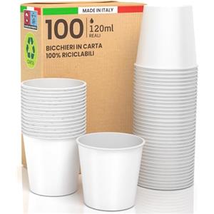 Baciato Caffè 100 Bicchieri in Carta Bianchi 120ml Ecologici Biodegradabili Monouso Made in Italy Asporto Bevande Calde Acqua - Prodotto e Confezionato in Italia