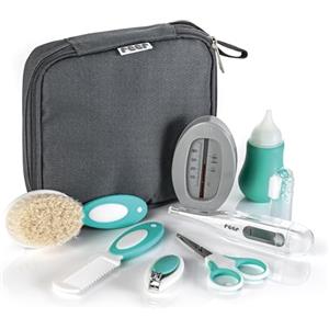 reer BabyCare - Set per la cura del bambino, 9 pezzi, per la cura dei bambini, termometro per febbre, termometro per il bagno, aspiratore nasale, cura dei denti e delle unghie, con pratica custodia da