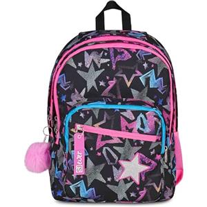 SJ GANG STYLE JAM GANG Zaino Scuola Doppio Scomparto, Sj Ever Star Drafts, Nero, 31 L, Con Tasca Porta Borraccia e Charm Staccabile, Elementari, Bambina