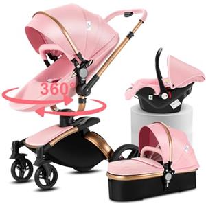 Doraystar 360° Rotazione Pelle PU Passeggino 3 in 1, Passeggino Trio con Design Pieghevole in Un Clic, Trio Passeggino Neonati con Grande Nacelle Comoda, Trio Neonato con Telaio Alluminio (906 Pink)