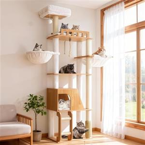 Hey-brother Albero per Gatti in Legno Moderno, Tiragraffi per Gatti 184 cm, Multinivello Stabile con Piattaforme Grandi, Amaca, Nido Spazioso, Pettine per Mantello e Scala, Noce MPJ121WB