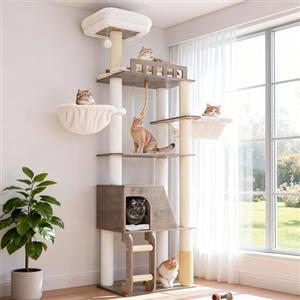 Hey-brother Albero per Gatti in Legno Moderno, Tiragraffi per Gatti 184 cm, Multinivello Stabile con Piattaforme Grandi, Amaca, Nido Spazioso, Pettine per Mantello e Scala, Grigio retrò MPJ121SG