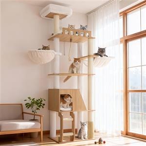Hey-brother Albero per Gatti in Legno Moderno, Tiragraffi per Gatti 184 cm, Multinivello Stabile con Piattaforme Grandi, Amaca, Nido Spazioso, Pettine per Mantello e Scala, Bianco Rovere MPJ121BT