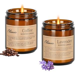 Obisesio Candele 2 Pack, Candele per la casa profumata, Aromaterapia Candela Set regalo per le donne Cera di soia Lunga durata Ambra Jar Candeles regalo per Madre San Valentino (caffè e lavanda)