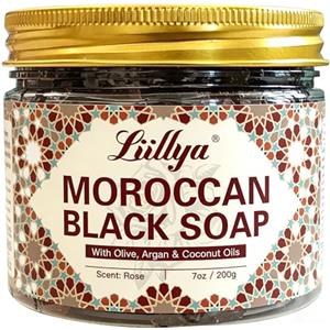 Liillya Sapone nero marocchino Beldi, Hammam Peeling Sapone con olio di oliva, argan, cocco e rosa, Savon Noir Moroccan Black Soap Pasta peeling per viso e corpo, naturale e vegano, 200 g