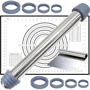 cittbety Mattarello con Spessori Anelli Rimovibili in 4 Misure - Mattarello Acciaio Inox, Antiaderente 42 cm con Spianatoia per Impastare e Tarocco, Tutti con Indicatori di Misura - Per Pizza, Pasta, Torte