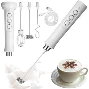 FAOKZE Montalatte Elettrico USB, frullino montalatte con 3 frullino in acciaio inox,3 velocità regolabili,Potente Schiumalatte Elettrico per Caffè, Latte, Cappuccino, Matcha (bianco)
