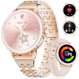LIGE Orologio intelligente da donna, telefonica, 1,27", HD, rotondo, elegante, in acciaio inox, con diamanti, per Android iOS, 100+ modalità sportive, frequenza cardiaca, monitor del sonno, ciclo