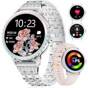 LIGE Orologio intelligente da donna, telefonica, 1,27", HD, rotondo, elegante, in acciaio inox, con diamanti e argento, per Android iOS, 100+ modalità sportive, frequenza cardiaca, monitor del sonno