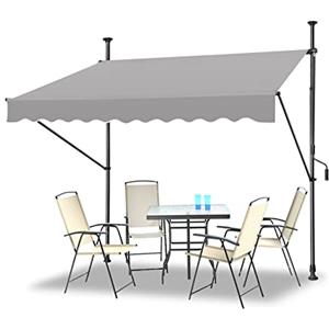 LZQ Tenda da sole per balcone, retrattile manuale, manovella, regolabile in altezza, resistente ai raggi UV, senza foratura, 100% poliestere (350 x 120 cm, grigio)