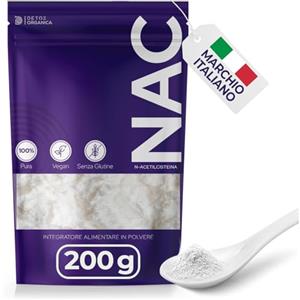 Detox Organica-NAC n-acetil-cisteina in polvere-200 g-Fornitura per 11 Mesi-600mg al Giorno-Elevata biodisponibilità e Tolleranza-Antiossidante-Senza Additivi-Vegan-Senza Glutine