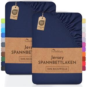 NatureMark Lenzuolo matrimoniale in jersey in confezione da 2 pezzi, lenzuolo matrimoniale 100% cotone QUALITÀ DEL ÖKOTEX Standard 100, 90 x 200 cm - 100 x 200 cm, Blu marino