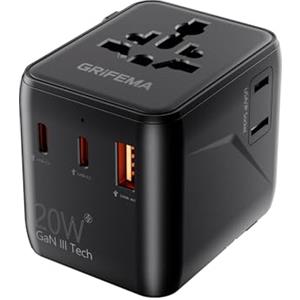 GRIFEMA Adattatore Universale da Viaggio, Caricatore Internazionale 5 in 1 con 2 USB-C 20W PD, 1 USB-A e 2 Prese AC, Adattatore Presa per Inghilterra, USA, Europa, Australia, Giappone