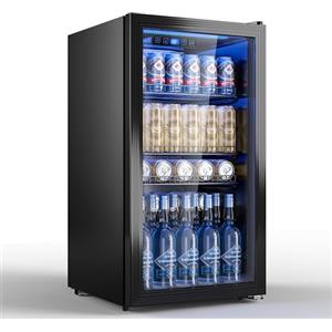 TRIUMPHKEY Frigorifero per Bevande 90 L con Porta in Vetro, Mini Frigo per 128 Lattine, Ripiani Regolabili per Birra, Vino e Bibite, Ideale per Casa, Bar e Ufficio