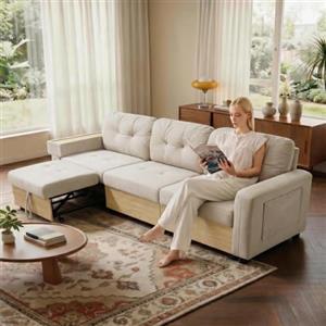 Cayipng Divano soggiorno,Divano angolare Modulare 3 Posti,Divano componibile / modulare,Divano 3 posti,Bracciolo con Tavolino Legno, Porta USB e Vano Contenitore,Con spazio di archiviazione,Velluto (Beige-2)