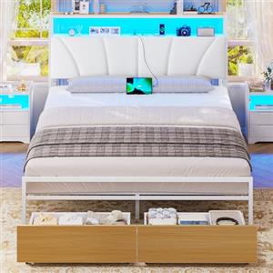 Brinlawb Struttura Letto 140x190 cm con Testiera Imbottita, Letto 140x190 cm con Luce LED e Stazione di Ricarica (2 Prese CA, 2 Prese USB) Letto Matrimoniale con 2 Grandi Cassetti al Fondo, Bianco