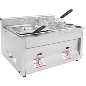 WEIGR Friggitrice a gas commerciale 10 L+10 L doppio serbatoio, in acciaio inox con 2 cesti e coperchio, temperatura regolabile per ristoranti snack bar