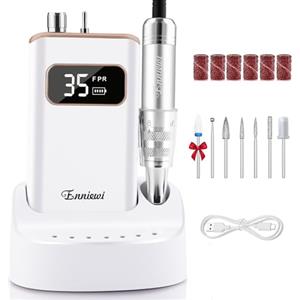 Enniewi Fresa per Unghie Professionale 35000 RPM, Set Manicure Elettrico con Base di Ricarica e 7 Frese, Lima per Unghie Elettrica Portatile Ricaricabile, Trapano Elettrico per Rimozione Gel, Bianco