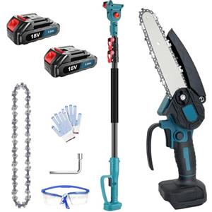 JUTOSGSKW Motosega Telescopica a Batteria 6 Pollici con 2x batteria 3.0Ah e caricabatterie, Asta Estensibile 1,3-2,5m, Testa Orientabile 180°, 4100 giri/min, per Potatura Alberi e Giardini