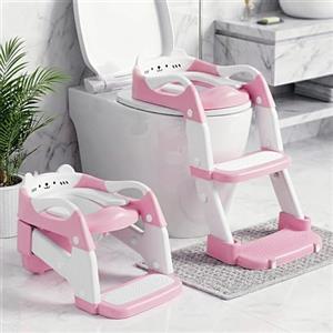 Orzbow Riduttore Wc Bambini con Scaletta, 2 in 1 Scaletta Wc Per Bambini, Vasino Per Bambini Wc, Altezza Regolabile, Pedale Allungato e Cuscino in PVC, Antiscivolo e Leggero, Rosa