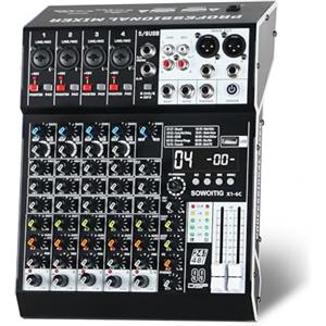 SOWOITIG Mixer audio 6-canali professionale con console di mixaggio audio con effetti DSP 99, mixer DJ compatto con USB, Bluetooth, alimentazione phantom 48V e tasto PAD per registrazione, karaoke, PA