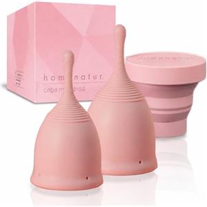 HOMENATUR Coppetta Mestruale - Set di 2 Coppe Mestruali Taglie S e L e Sterilizzatore Fieghevole - Silicone di Grado Medico - Certificato, Riutilizzabile, Morbida e Sicuro - Multifunzionale