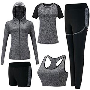 ZETIY Tute da Ginnastica Donna Set, 5 Pezzi Abbigliamento Sportivo Donna per Pilates Yoga Jogging Gym Workout Ginnastica Include Manica Lunga e Corta, Pantaloni, Reggiseno - Grigio - S