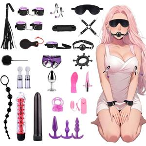 Ninonly Coppia Boňdage Set 26Pezzi Toys Sessuali per Coppia con Manette Regolabili,Cavigliere,Frusta,Maschera per gli Occhi,Bacchetta di Piume,Vibratore Giocattolo Sessuale per Coppie Uomini Donne viola