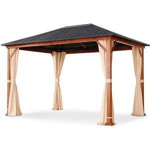 Arreditaly Gazebo 3X4 Metri Da Giardino Con Struttura Effetto Legno E Tetto In Acciaio Zincato Con Tende Laterali Impermeabile Per Patio Terrazza Outdoor 300 X 400 X 295 Cm Effetto Legno E Beige