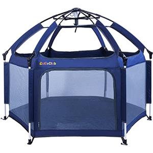 CutieClub - Box pieghevole per bambini, con materasso, pieghevole, 6 pezzi, con tettuccio anti UV, per interni ed esterni (blu marino)
