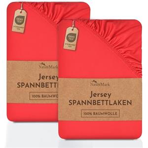 NatureMark Lenzuolo matrimoniale in jersey in confezione da 2 pezzi, lenzuolo matrimoniale 100% cotone QUALITÀ DEL ÖKOTEX Standard 100, 120 x 200 cm, Rosso