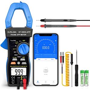 SURLABA Bluetooth Pinza Amperometrica, AC DC Clamp Meter NCV TRMS, 6000Count Tensione Corrente Multimetro APP Support, Volt Amp Meter con Resistenza Capacità Continuità Temperatura Diodo Hz Test