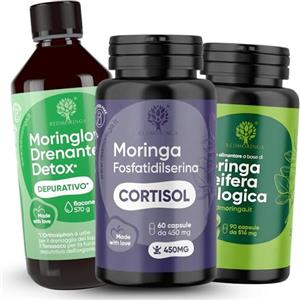 RedMoringa LOW CORTISOLO DONNA - Fosfatidilserina 450 mg + Moringa Bio + Drenante Liquido 11 Erbe con Tarassaco, Betulla, Ananas - Stress, Depurazione Fegato e Ritenzione - Made in Italy - RedMoringa