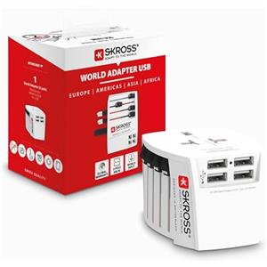 SKROSS | 1.302961 | MUV USB (4xA) | Anti Shock - KID SAFE. Adattatore Universale da Viaggio a 2 poli più 4 Porte USB Type-A da 4.8A - Tensione e Potenza: 100V - 250W/250V - 625W