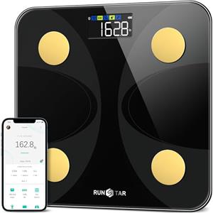 RunStar Bilancia pesapersone e percentuale grasso, Bilancia smart digitale e precisa con ampio display, Analizzatore di 13 dati di composizione corporea, Sync App - Oro Nero
