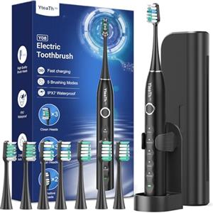 YTEATH PRO Spazzolino Elettrico Sonico per Adulti con 8 Testine - Spazzolino Denti Sonico con 5 Modalità, Custodia da Viaggio, 3 Mesi di Autonomia, Spazzolino Elettrico da Viaggio Ricaricabile, Nero