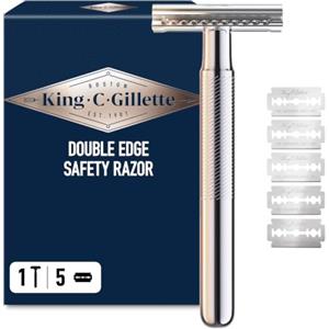 King C. Gillette Rasoio di Sicurezza, 1 Manico, 5 Lamette da Barba, in Acciaio Inossidabile, Lametta Rivestita di Platino Idea Regalo Uomo per Cura della Barba