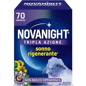 Novanight Tripla Azione Melatonina per Dormire, Integratori per Dormire, Disturbi del Sonno - Senza Glutine, con Melatonina, Escolzia, Passiflora, Melissa, Non Induce Dipendenza (70 Compresse)