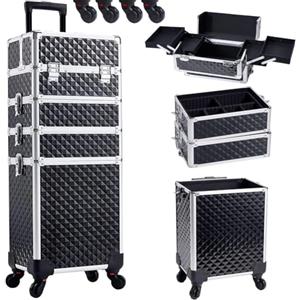 BAKAJI Trolley Make Up 4 in 1 Professionale con Trama Oleografica a Triangolare, Beauty Case Estetista Portatile, Valigia Porta Trucchi con Ruote Staccabili, Valigetta Organizer Makeup Viaggio (Rosa)