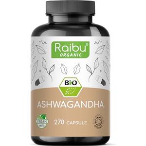 RAIBU Ashwagandha Bio - 2400 mg Dose Giornaliera - 270 Capsule - Alto dosaggio - Radice di Ashwagandha in Polvere Qualità Biologica Senza Additivi di Produzione Europa