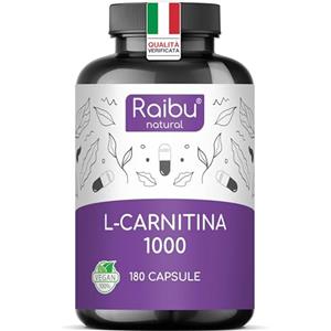RAIBU L Carnitina 1000 Integratore - Alto Dosaggio di 180 Capsule - 1000 mg per Dose Giornaliera - Tartrato di L-Carnitina Puro - Vegano, Naturale e Testato in Laboratorio